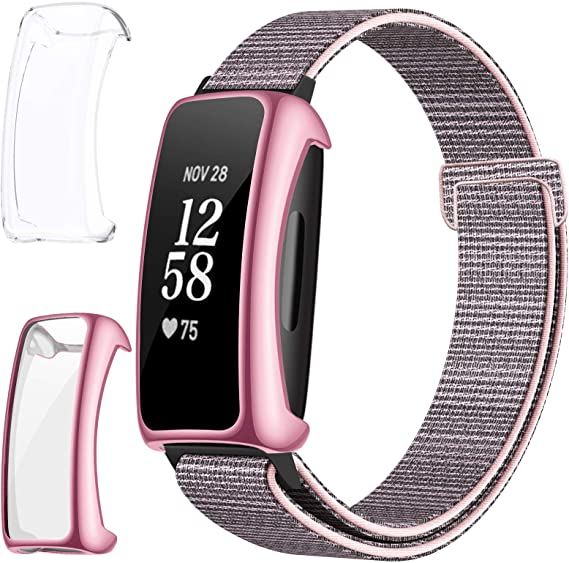 HAPAW Nylon Bands Plus Screen Protector Compatible with Fitbit Inspire 2 Bands, Soft Adjustable Breathable Replacement Strap Women Men Wristbands with 2-Pack TPU Bumper Cover for Inspire 2