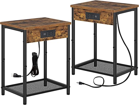 Rolanstar End Table Set of 2 with Charging Station & USB Ports, Narrow Side Table for Living Room, Nightstand with Storage Shelf 2-Tier Sofa Table for Bedroom Rustic Brown