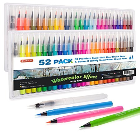 Shuttle Art 52 Pack Real Watercolor Brush Pens, 50 colors Watercolor Brush Markers with 2 Water Brush Pen,Soft Flexible Tip Perfect for Adult Coloring Books, Manga, Comic, Calligraphy