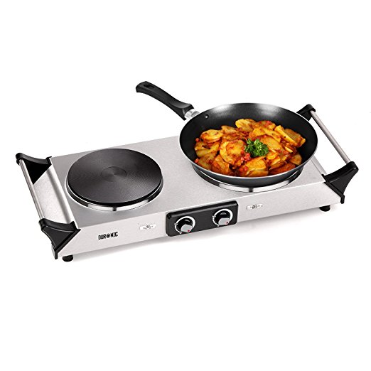Duronic HP2SS Portable Electric Hot Plate Hob Cooktop Double Boiling Ring Cooker 2500W Stainless Steel Table Top Hotplate (1500W & 1000W) with Handles