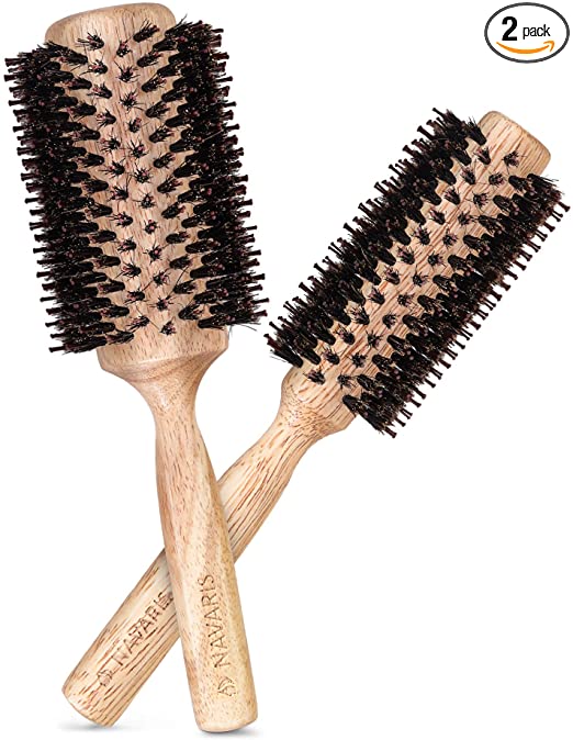 Navaris Round Boar Bristle Brush Set of 2 - Large, Small Wooden Handle Anti Static Round Hairbrush Set with Nylon and Boar Bristles for Styling Hair