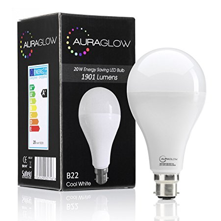 AURAGLOW Super Bright 20w LED B22 Bayonet Light Bulb, Cool White, 6500K - 1901 Lumens - 120w EQV