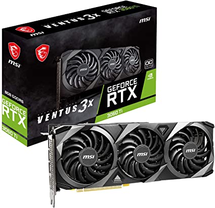 MSI GeForce RTX 3060 Ti VENTUS 3X OC Gaming Graphics Card - RTX 3060 Ti, TORX Fan 3.0, 8GB GDDR6, 256 bit, PCI Express Gen 4, DisplayPort v1.4a, HDMI 2.1, Zero Frozr, 1440p resolution, Ray Tracing