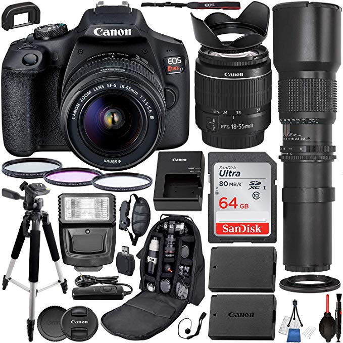 Canon EOS Rebel T7 DSLR Camera with EF-S 18-55mm & 500mm Preset Lens with 2x Teleconverter (1000mm) & Premium Accessory Bundle - Includes: SanDisk Ultra 64GB SDXC Memory Card, 3PC Filter Set & More