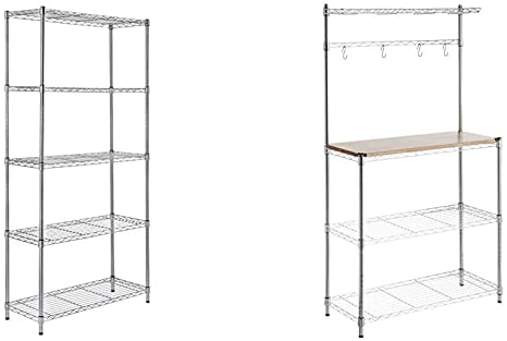 AmazonBasics 5-Shelf Adjustable, Storage Shelving Unit, Steel Organizer Wire Rack, Chrome & Kitchen Storage Baker's Rack with Table, Wood/Chrome - 63.4" Height