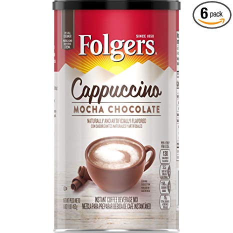 Folgers Cappuccino, Mocha Chocolate Coffee Beverage Mix, 16-Ounces Canisters (Pack of 6), Packaging May Vary
