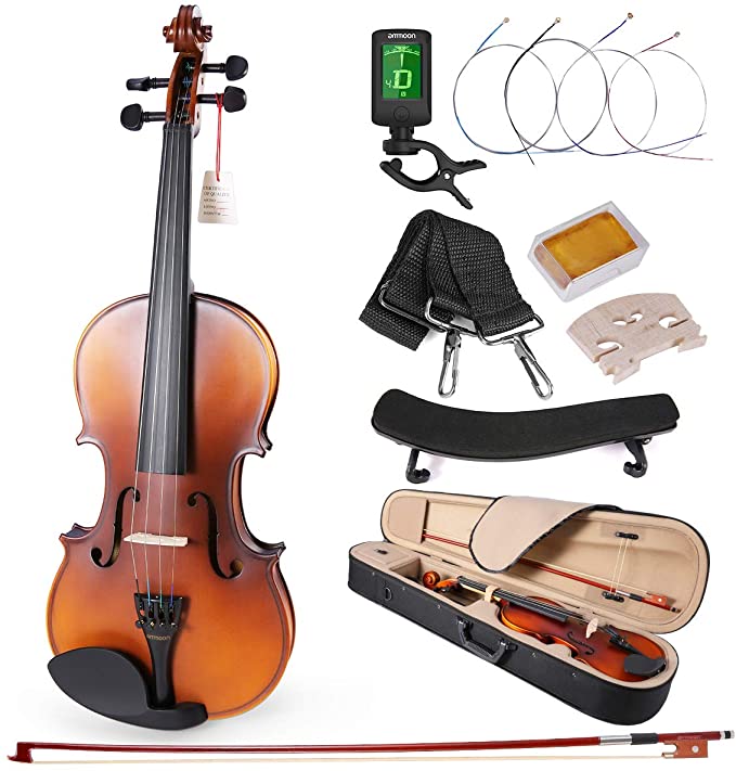 ammoon Matte Acoustic 4/4 Violin Fiddle White Pine Topboard Maple Backboard Sideboard Mahogany Bow with Carry Case Shoulder Rest Tuner Strings Rosin