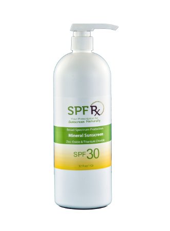 SPF Rx Bulk Natural Facial and Body Sunscreen SPF 30 - Zinc Oxide, Titanium Dioxide, Chemical Free Mineral Based Sunblock Cream, Non-Greasy Face and Body Lotion - Natural and Safe for Babies, Kids & Adults - 32 ounce