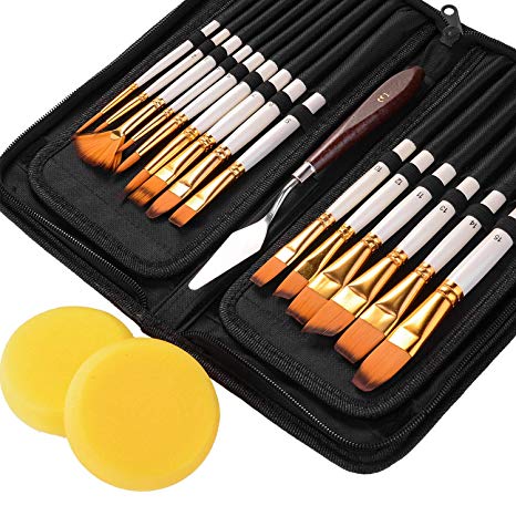 EKKONG Paint Brushes Set Artist 15 Pieces Professional Includes Pop-up Carrying Case with Free Palette Knife and Sponge, for Acrylic, Oil, Watercolor, Creative Body Paint and Gouache Painting