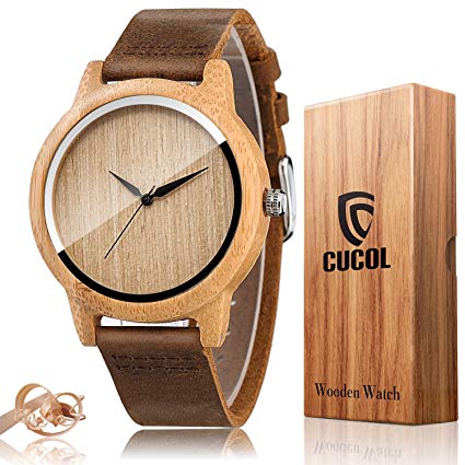 CUCOL Men Women Bamboo Engraved Cowhide Leather Strap Watch Wooden Case Analog Quartz Wristwatch