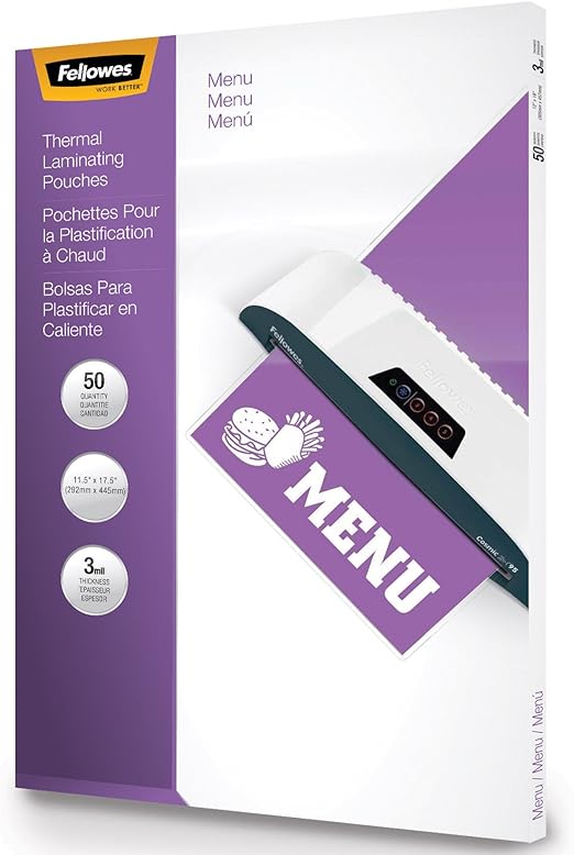 Fellowes Hot Laminating Pouches, 3 Mil, Menu Size, 50 Per Pack (52013)