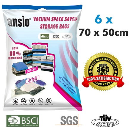 Vacuum Compressed Space Saver Storage Bags Set of 6 Small (Extra Long) 50 x 70cm. Extra Strong Double-Zip Seal and Triple Seal Turbo Valve for Ultra Compression | Ideal for Clothes, Pillows, Curtains and Travelling. 365 DAY 100% MONEY BACK GUARANTEE