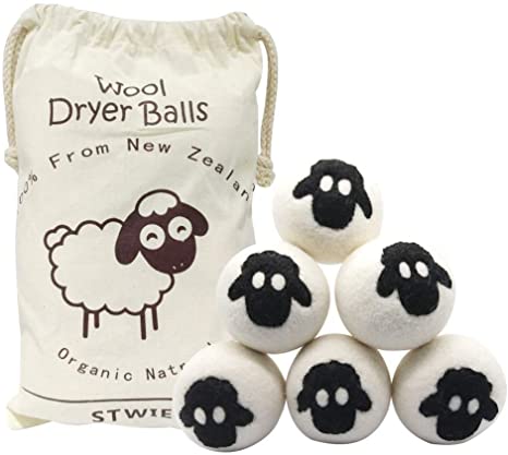 Wool Dryer Balls - Pack of 6 - Stwie 100% XL Size Reusable Natural Fabric Softener, Large Felted Wool Laundry Balls to Save Drying Time and Reduce Wrinkles