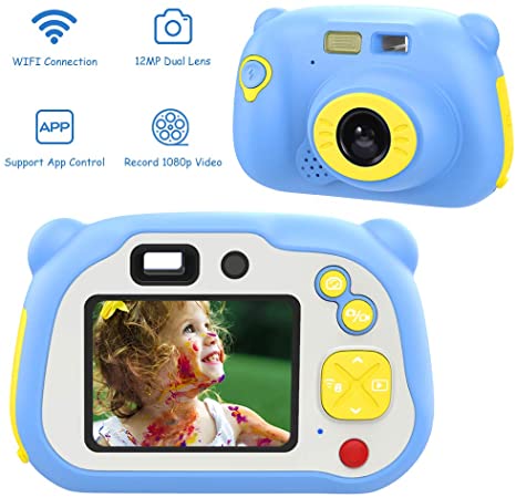 MoKo [Upgraded] WiFi Kids Video Camera for Girls Boys Gifts, 1080P HD Screen 12MP Dual Lens Kids Digital Cameras Shockproof Children Selfie Camera with App, Mini Child Camcorder for Age 3-14 - Blue