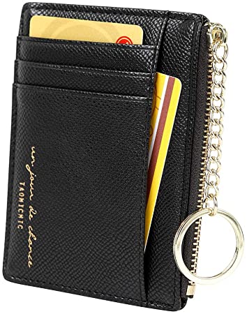 Women's 8 Cards Slim Minimalist Card Holder Coin Change Purse Keychain Front Pocket Wallet, Black