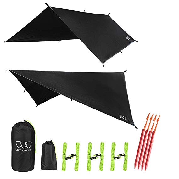 Gold Armour 12’ XL TARP Hammock Waterproof RAIN Fly Tent TARP 185" Centerline - Lightweight Ripstop Fabric - Stakes Included. Survival Gear Backpacking Camping ENO Accessory