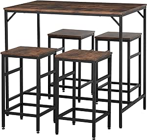 HOMCOM Ensemble Table de Bar Industriel   4 tabourets Repose-Pieds en Bois Couleur Chêne Cadre en métal Noir