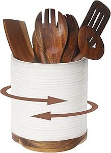 DOWAN Utensil Holder, 360° Rotating Extra Large Cooking Utensil Holder, 7.6" Kitchen Utensil Holder for Countertop, Utensil Crock for Farmhouse Kitchen Decor, Ceramic Stable Utensil Caddy, White