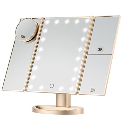 Lighted Makeup Mirror, Magicfly 10X 3X 2X 1X Magnifying Mirror 21 LED Lighted Tri-Fold Makeup Mirror with Touch Screen USB Charging and 180° Adjustable Stand Travel Beauty Mirror (Gold)