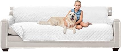 Sofa Shield Patented Couch Slip Cover, Large Cushion Protector, Reversible Stain and Dog Tear Resistant Slipcover, Quilted Microfiber 88” Seat, Washable Covers for Dogs Pets Kids, White