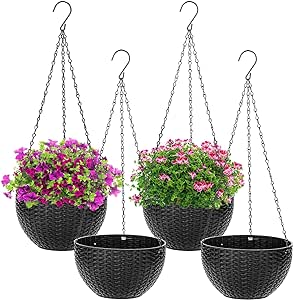 Foraineam 4 Pack Black Hanging Planters, 8.2 inch Hanging Flower Basket Planter Pots, Garden Plant Pot Container, Balcony Patio Hanging Basket Planters with Drainage Hole for Indoor and Outdoor Use