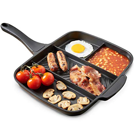 VonShef All in One Frying Pan / 4 in 1 Multi Section Grill/Breakfast Skillet with Non-Stick Coating and Soft Touch Handle - 33cm