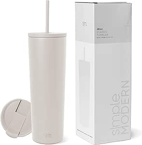 Simple Modern Isolierter Becher mit Strohhalm und Deckel | EiskaffeeBecher Wiederverwendbare EdelstahlWasserflasche Thermobecher | Classic Sammlung | 830ml | Almond Birch