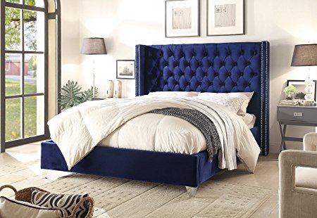 Meridian Furniture AidenNavy-Q Aiden Velvet Upholstered Button Tufted Wingback Bed with Chrome Nailhead Trim and Custom Chrome Legs, Queen, Navy