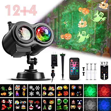 Water Wave Halloween Christmas Projector Lights,CAMTOA LED Double Projector Lamp 2-in-1 Moving Patterns with Remote Control & 12 Patterns, Waterproof Garden Effect Lamp Projector for Night Light Decor
