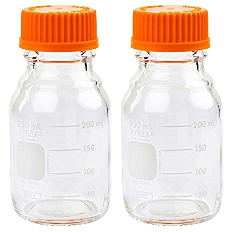 Corning PYREX #1395-250, 250ml Round Media Storage Bottle, with GL45 Screw Cap (Pack of 2)