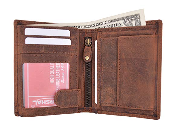 Vintage Look Genuine Leather RFID Blocking European Style Bifold Trifold Wallet with ID Window