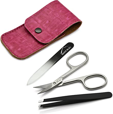 Mont Bleu 3-piece Manicure Set with crystal nail file, in Cruelty Free Leatherette Case | Italian Scissors - Czech Crystal Nail File - German Case