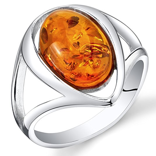 Baltic Amber Ring Sterling Silver Cognac Color Oval Shape Sizes 5-9