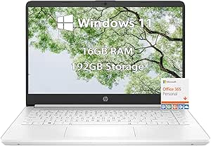 HP-14inch Laptop-Windows11 Laptop-School - Microsoft Office 365 - Quad-core Intel Processor - Long Battery Life - Ultralight Laptop for Student- Mini Laptop - 2023 (White, 16GB RAM |192GB Storage)