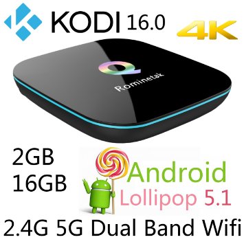 Rominetak Q-Box 2GB/16GB Android 5.1 Lollipop TV Box Quad Core 4K UHD 3D 1000M LAN Bluetooth Dual Band 2.4G/5G Wifi Kodi 16.1 pre-installed Add-Ons Fully Loaded Rooted Unlocked Streaming Media Player