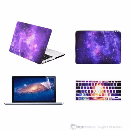 TOP CASE - 4 in 1 Bundle Deal Retina 13-Inch Galaxy Graphic Hard Case, Keyboard Cover, Screen Protector and Sleeve Bag for MacBook Pro 13" with Retina Display Model A1425 / A1502 - Purple
