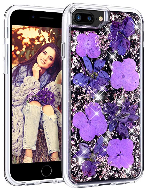 HoneyAKE iPhone 7 Plus/8 Plus Case with Genuine Dried Flower Dual Layer Glitter Shockproof Hard PC Back Cover Soft Rubber Bumper for Teens Girls Women for iPhone 6 Plus/6s Plus/7 Plus/8 Plus(Purple)