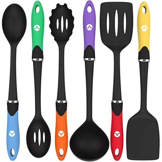 Vremi Cooking Utensils - Kitchen Utensil Set Tools for Nonstick Cookware with Spatula Turner Ladle Pasta Server in BPA Free Dishwasher Safe Heat Resistant Nylon - Black Multi Color