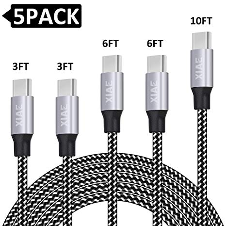 USB C Cable,XIAE 5Pack (3/3/6/6/10FT) Nylon Braided Fast Charging Cable Aluminum Housing Compatible with Samsung Galaxy S10 S9 Note 9 8 S8 Plus,LG V30 V20 G6,Google Pixel,Huawei P30/P20-Black&White
