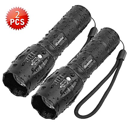 Tactical Flashlight iCoostor T6 Handheld LED Torches Flashlight Super Brightness Waterproof Taclight As Seen On Tv 5 Modes Zoomable Focus For Outdoor (2pcs)