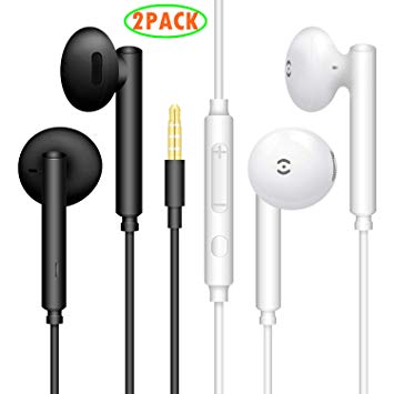 【2 Pack, Black White】 Earphones MAS CARNEY H892 Noise Isolating in Ear Headphones with Pure Sound and Powerful Bass Compatible with Samsung Huawei Honor Mi with Volume Control and Mic