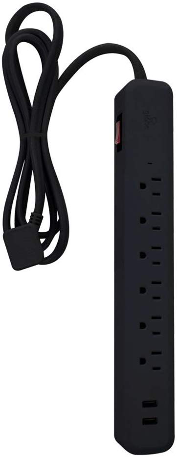 Globe Electric Designer Series 6ft 6-Outlet Power Strip, 2X USB Ports (5V/3.1A), Surge Protector, Right Angle Plug, Circuit Breaker Switch, Black Finish 78439, 2