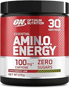 Optimum Nutrition Amino Energy Pre Workout en poudre, boisson énergisante avec acides aminés, BCAA, L-Glutamine et L-Leucine, complément vitamine C caféine, goût Fraise-Citron vert, 30 portions, 270 g