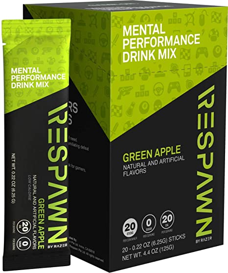 RESPAWN by Razer Mental Performance Drink Mix - 20 Packet Box: Convenient Individual Packs - 20 Calories - For Gamers. By Gamers - Green Apple