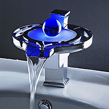 Derpras LED Sink Faucet,3 Colors Changing,Water Power,Bathroom Faucet,Deck Mount,Hot/Cold Kitchen Basin Mixer Tap,Lavatory Waterfall Faucets with Temperature Sensor and LED Lights (Polish Chrome)