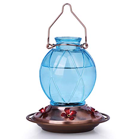 BOLITE 18016-B Hummingbird Feeder, Glass Hummingbird Feeder for Outdoors, Netted Texture Ball Shape Bottle, 18 Ounces, Blue