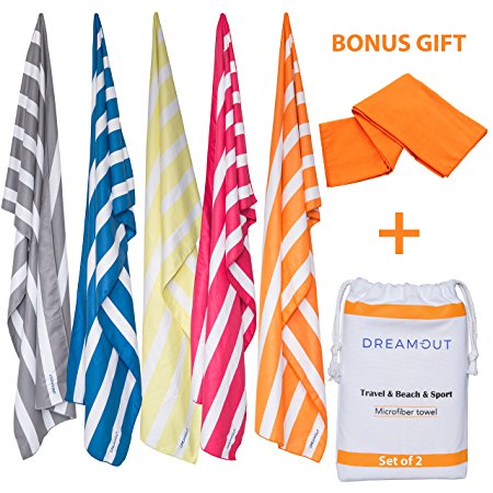Striped Microfiber Towels, Quick Drying Towels for Beach, Pool, Bath, Sports and Workout, XL and Medium Size Set for Men, Women and Kids, Luxury Ultra Soft and Absorbent Anti-Bacterial Fabric