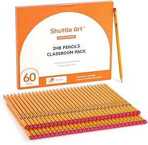 Shuttle Art 60 Pack Pencils, #2 HB, Pre-sharpened Pencils with Top Erasers, Premium Woodcased Yellow Pencils Bulk for Classroom & School Supplies, Writing and Drawing