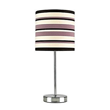 Modern Silver Chrome Dimmable Touch Table Lamp with a Decorative Three Tone Black, Cream and Purple Stripe Pattern Polycotton Shade