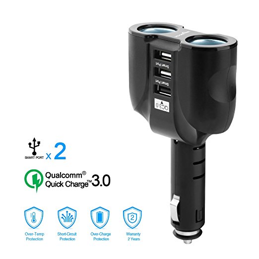 Rocketek QC 3.0 USB Car Charger with 2-Socket Car Cigarette Lighter Adapter and 3 USB Charging Ports 34W 5.1A Auto Adapter for Smart Phones, Tablets, GPS, MP3 Players etc - Built-in 10A Fuse